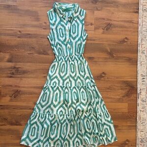 Green Geometric Sleeveless Dress with Gold Accents